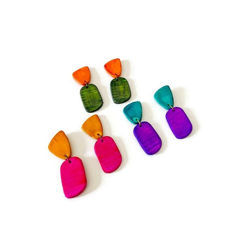Clay Two Tone Earrings Handmade, Post or Clip Ons - 