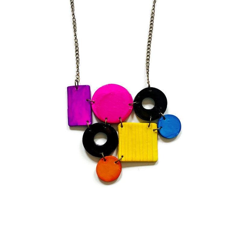 Color Block Statement Necklace Painted Purple Pink Black Blue Yellow Orange