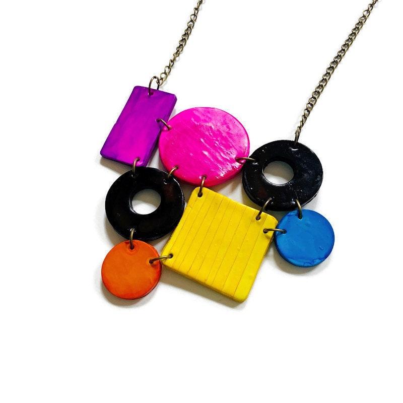 Color Block Statement Necklace Painted Purple Pink Black Blue Yellow Orange