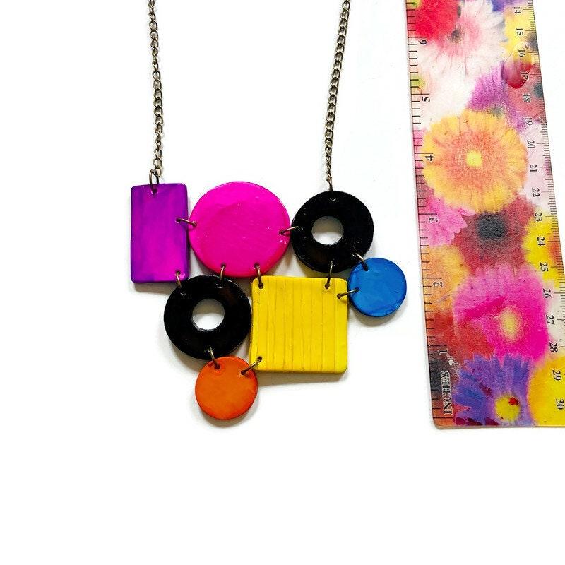 Color Block Statement Necklace Painted Purple Pink Black Blue Yellow Orange