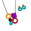 Colorful Geometric Necklace with Turquoise Hoop Earrings, Polymer Clay Jewelry Set Hand Painted