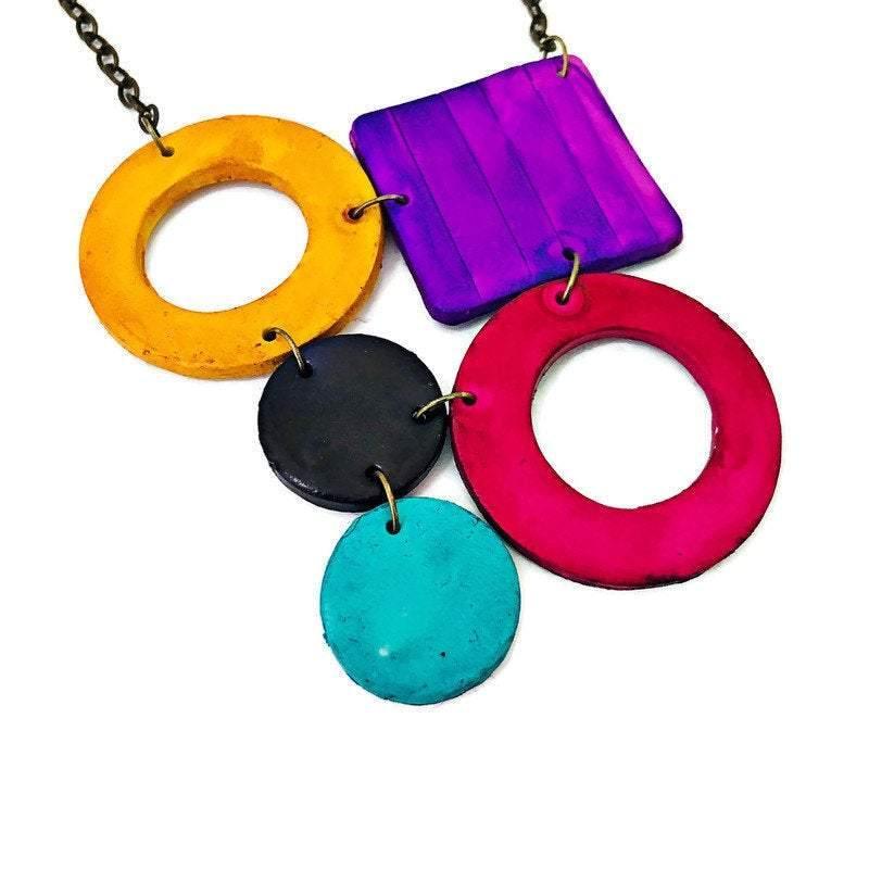 Colorful Geometric Necklace with Turquoise Hoop Earrings, Polymer Clay Jewelry Set Hand Painted