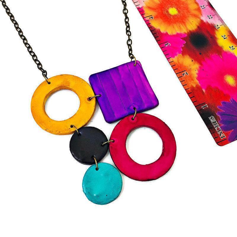 Colorful Geometric Necklace with Turquoise Hoop Earrings, Polymer Clay Jewelry Set Hand Painted