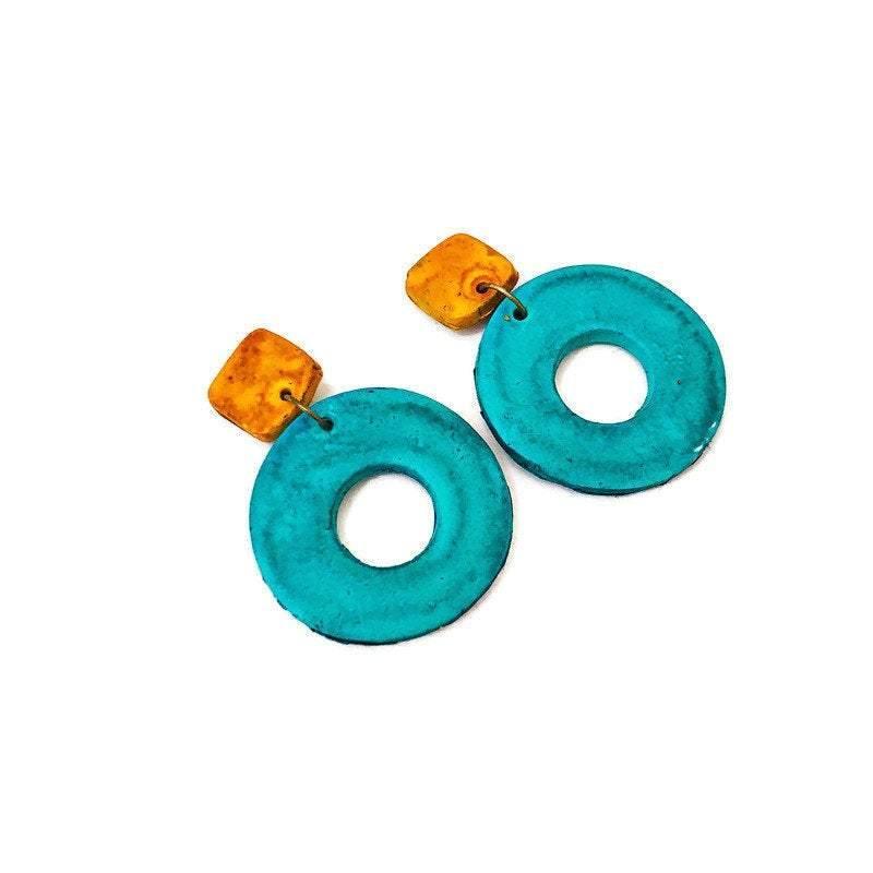 Colorful Geometric Necklace with Turquoise Hoop Earrings, Polymer Clay Jewelry Set Hand Painted
