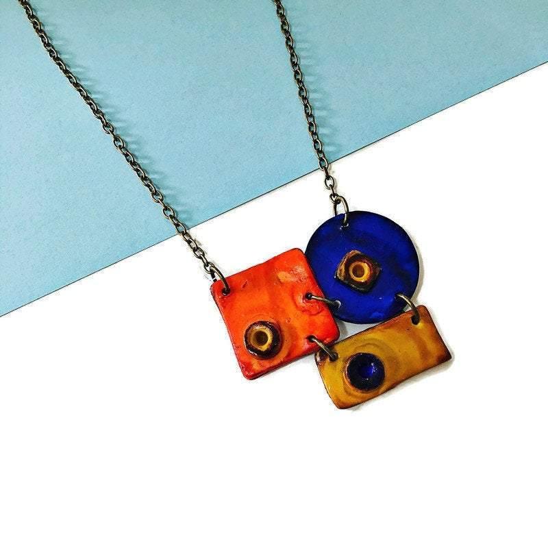 Colorful Geometric Pendant Necklace, Orange, Blue & Yellow, Handmade