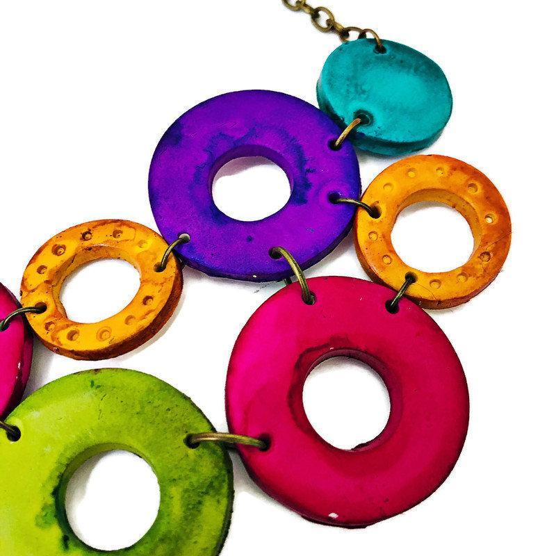 Colorful Linked Circle Jewelry Set, Statement Necklace & Earrings, Handmade Polymer Clay