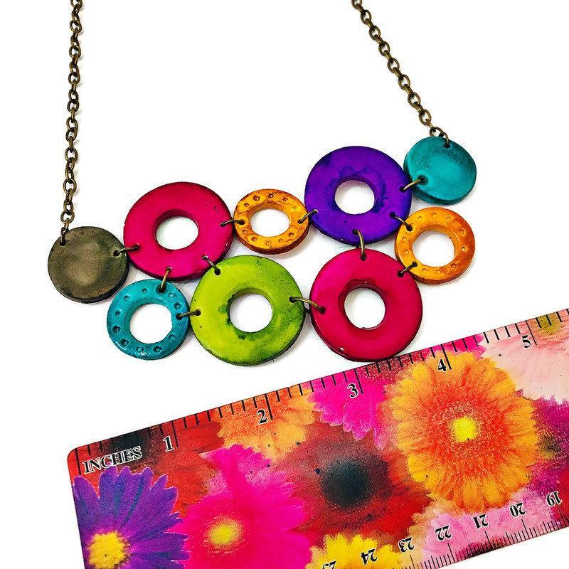 Colorful Linked Circle Jewelry Set, Statement Necklace & Earrings, Handmade Polymer Clay