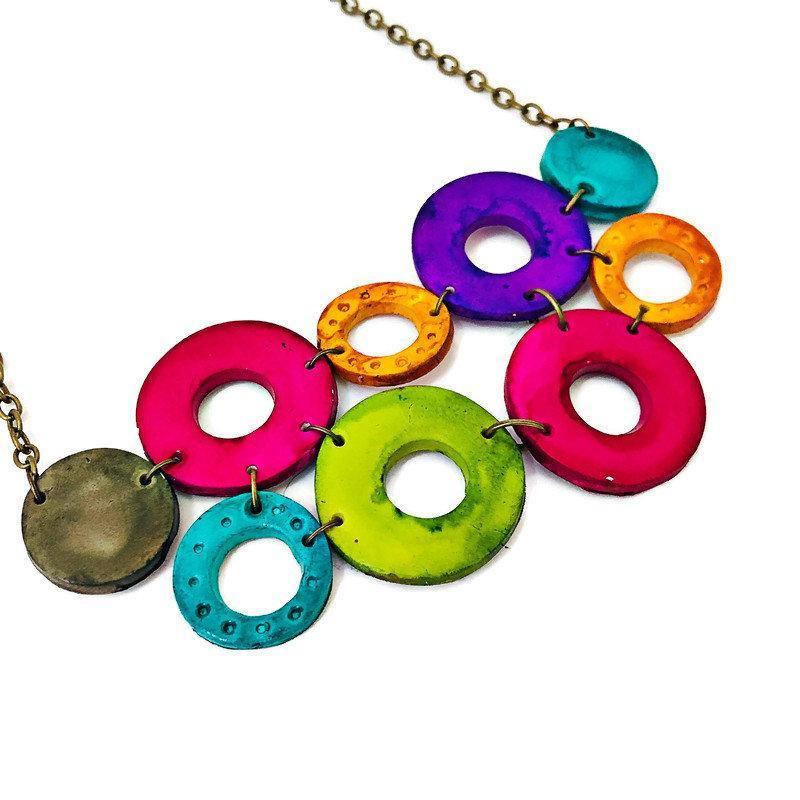Colorful Linked Circle Statement Necklace, Handmade Polymer Clay