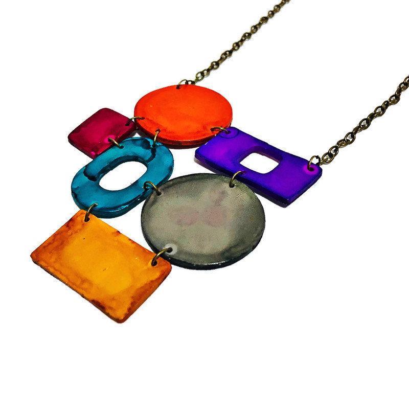 Colorful Geometric Statement Necklace, Handmade Polymer Clay