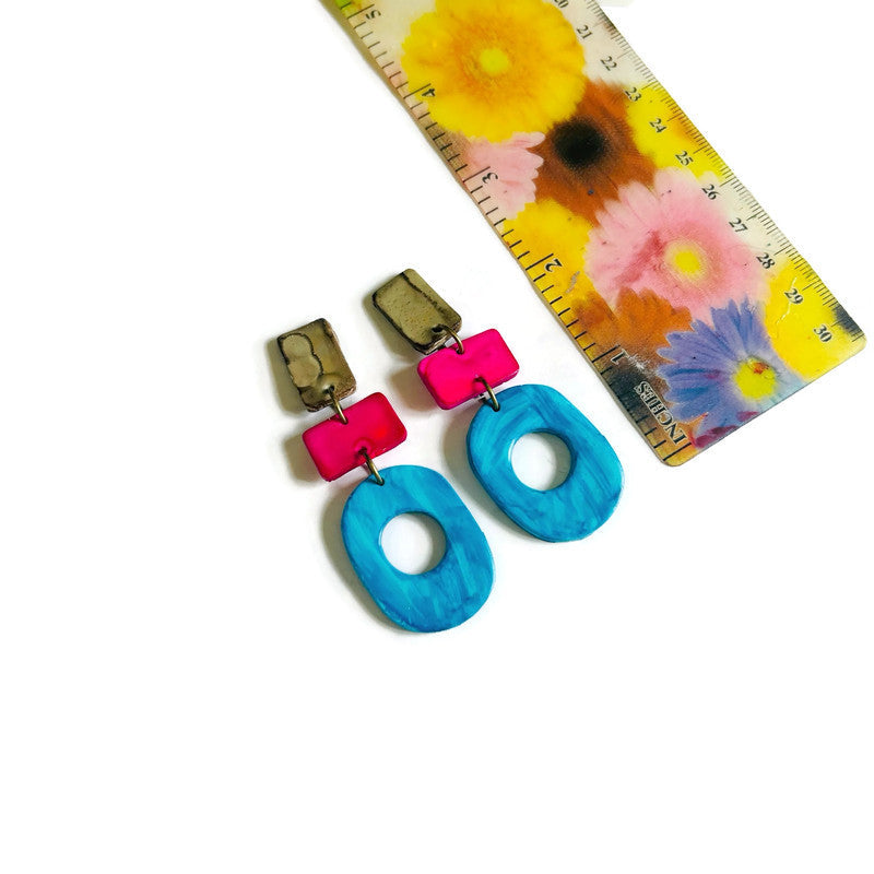 Bright Clip On Earrings in Blue, Pink & Grey