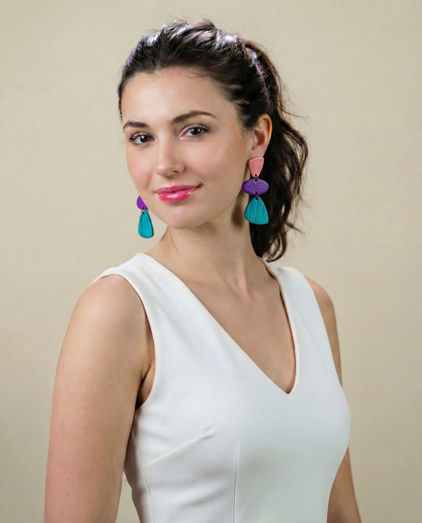 Tri Color Clip On Statement Earrings Handmade- 