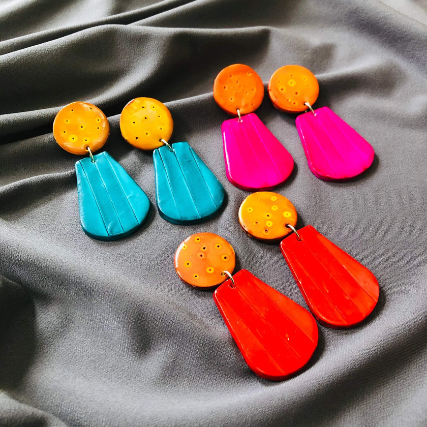 Colorful Summer Statement Earrings Handmade, Post or Clip Ons- 