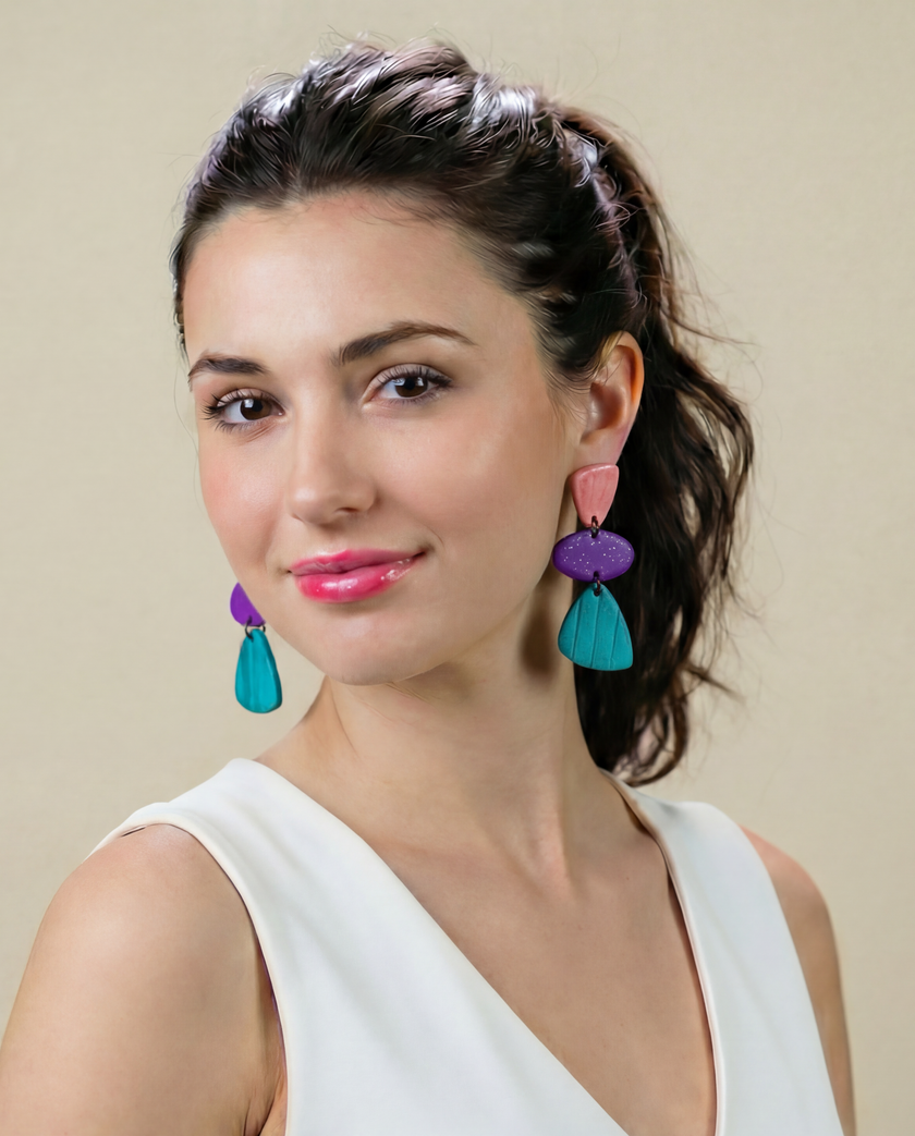 Tri Color Statement Earrings Post or Clip On- 