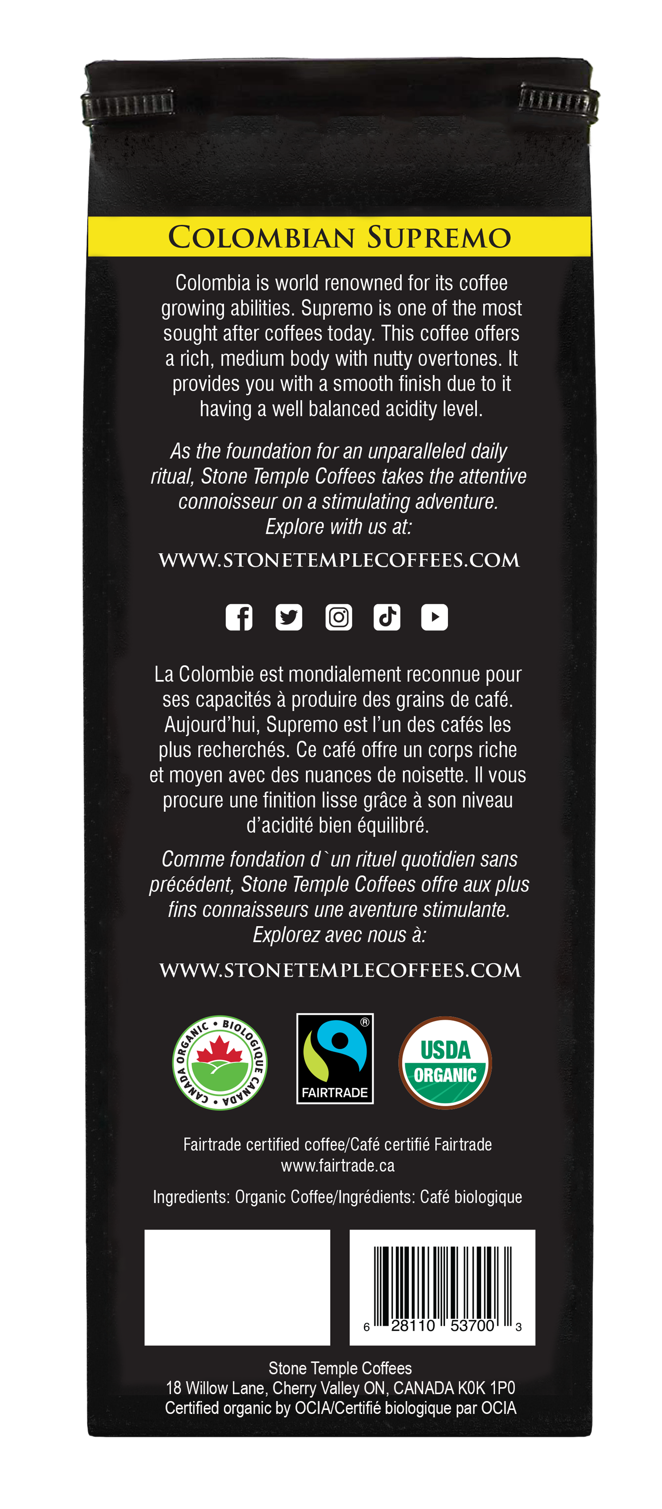 Colombian Supremo - Ground, Medium Roast, Certified Organic OCIA/ Fairtrade Coffee 1lb/454g
