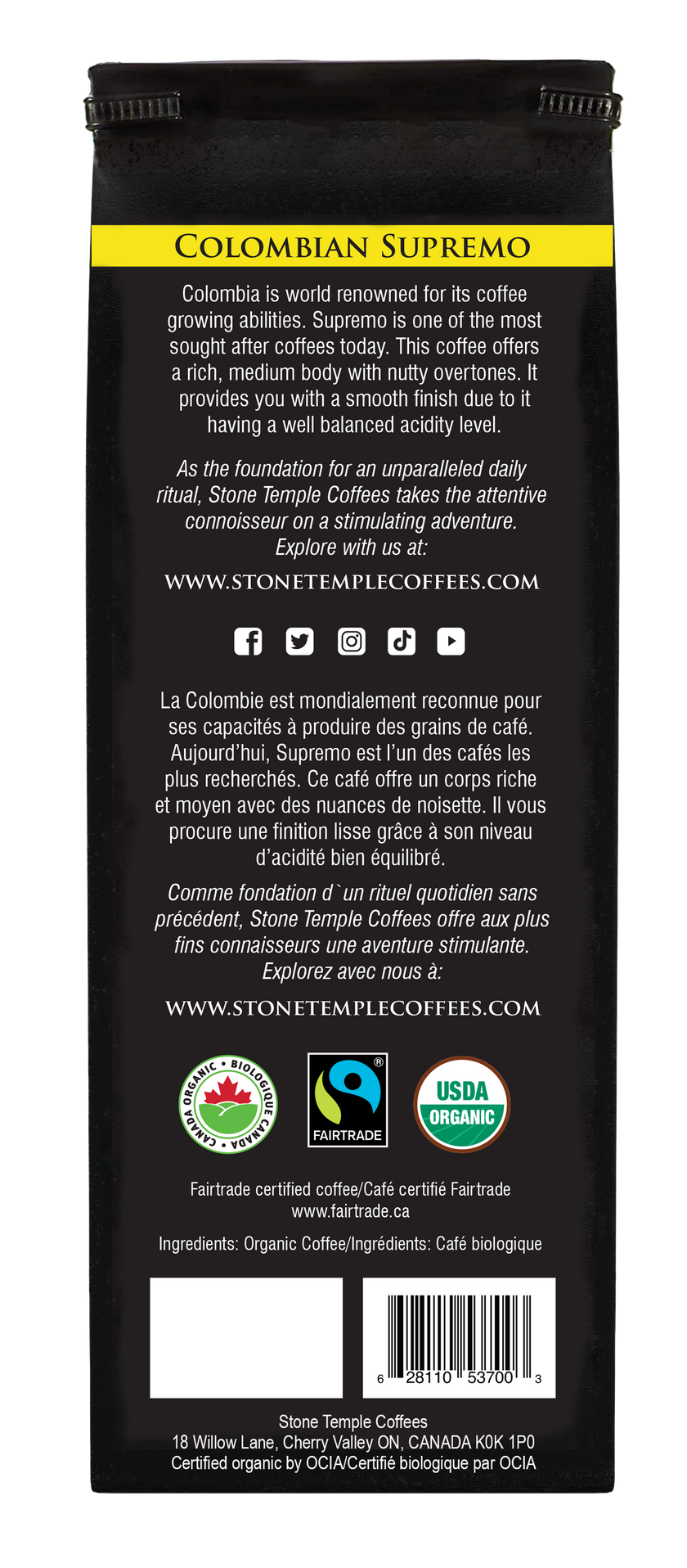 Colombian Supremo - Whole Bean, Medium Roast, Certified Organic OCIA/ Fairtrade Coffee 1lb/454g