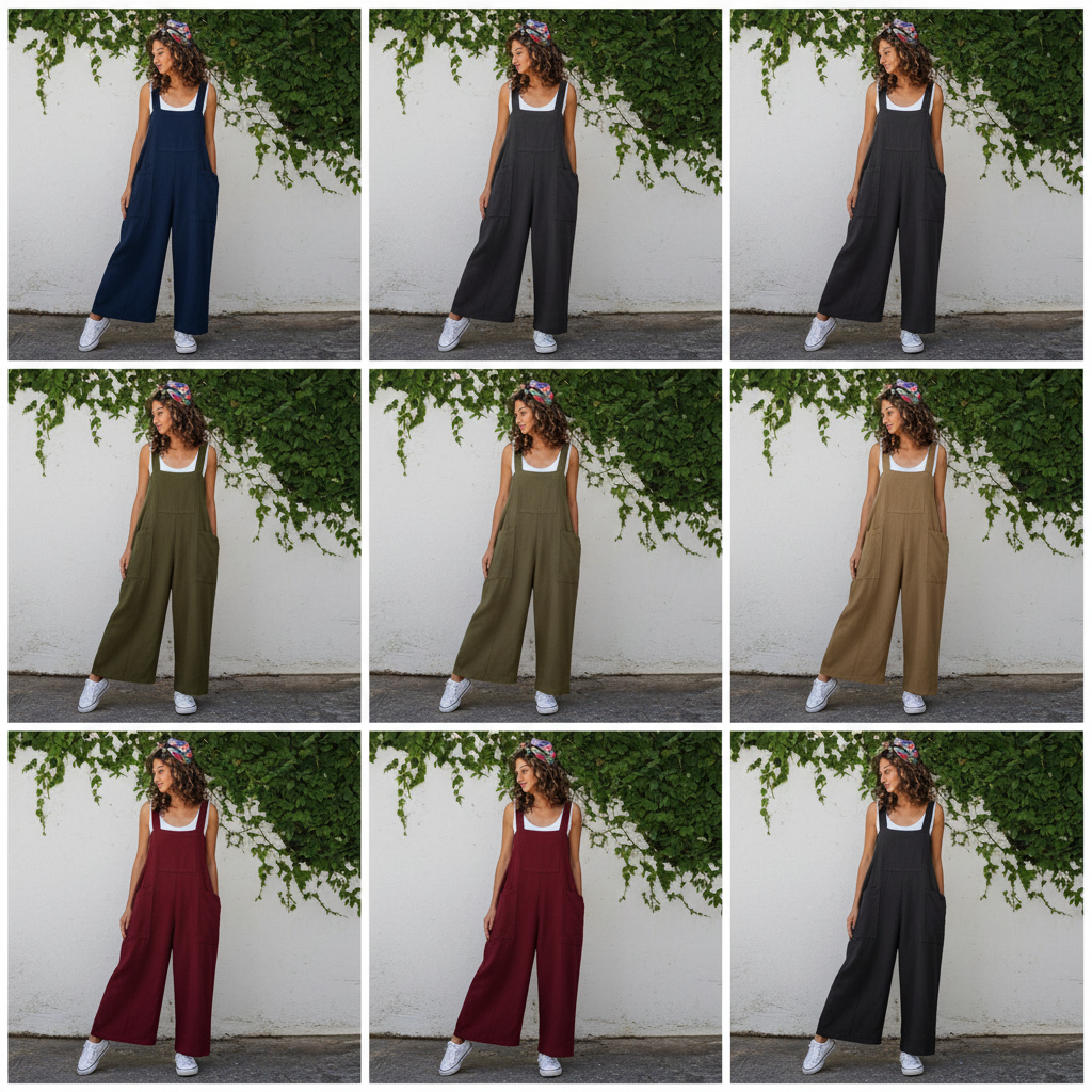 Women's Cotton Linen Wide Leg Jumpsuit – Loose Casual Suspender Pants, S–5XL
