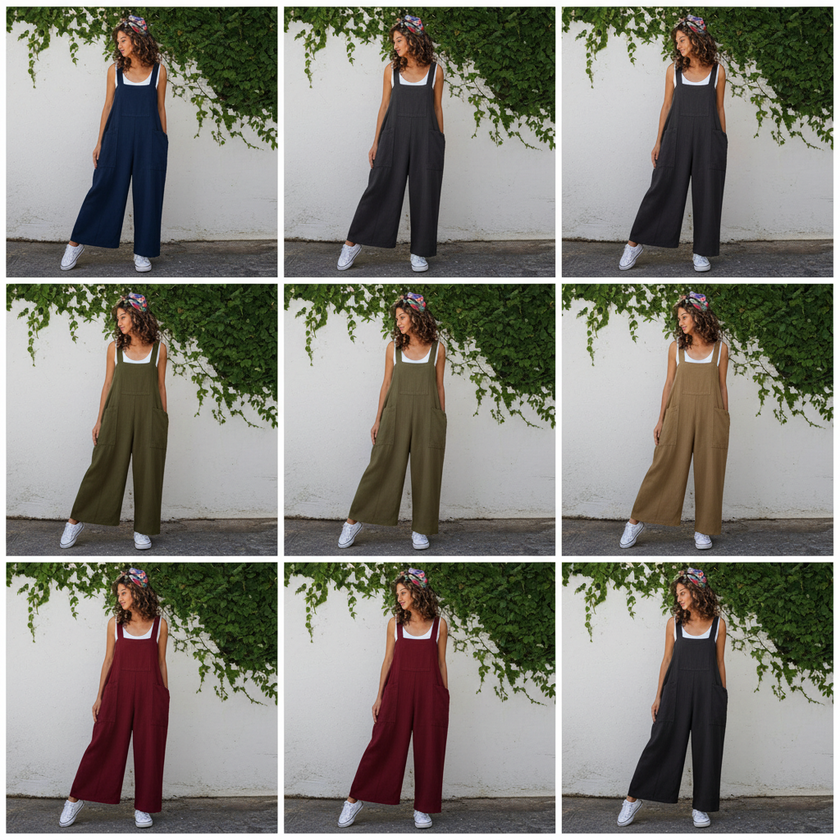 Women's Cotton Linen Wide Leg Jumpsuit – Loose Casual Suspender Pants, S–5XL