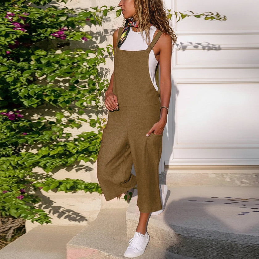 Women's Cotton Linen Wide Leg Jumpsuit – Loose Casual Suspender Pants, S–5XL