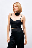 (Basic) Satin Crop Top  with String Straps - Black