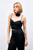 (Basic) Satin Crop Top  with String Straps - Black