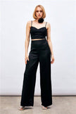 (Basic) Satin Crop Top  with String Straps - Black