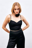 (Basic) Satin Crop Top  with String Straps - Black