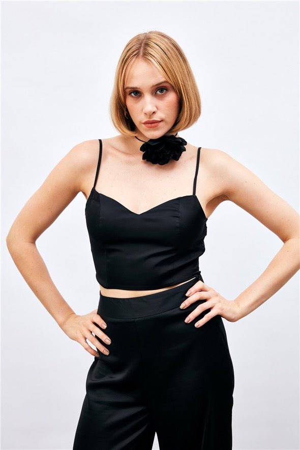 (Basic) Satin Crop Top  with String Straps - Black