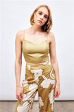 (Basic) Satin Crop Top  with String Straps - Olive