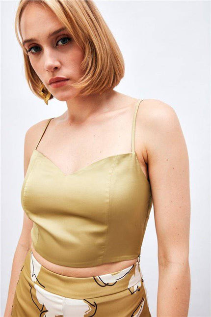 (Basic) Satin Crop Top  with String Straps - Olive