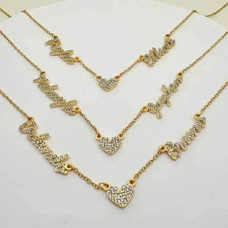 Customized DIY Diamond Inlaid Multi Name Necklace Stainless Steel Chain Heart Charming Choker Customized Necklace Jewelry