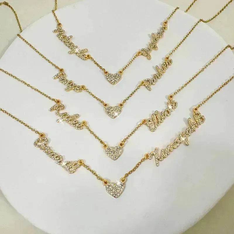 Customized DIY Diamond Inlaid Multi Name Necklace Stainless Steel Chain Heart Charming Choker Customized Necklace Jewelry