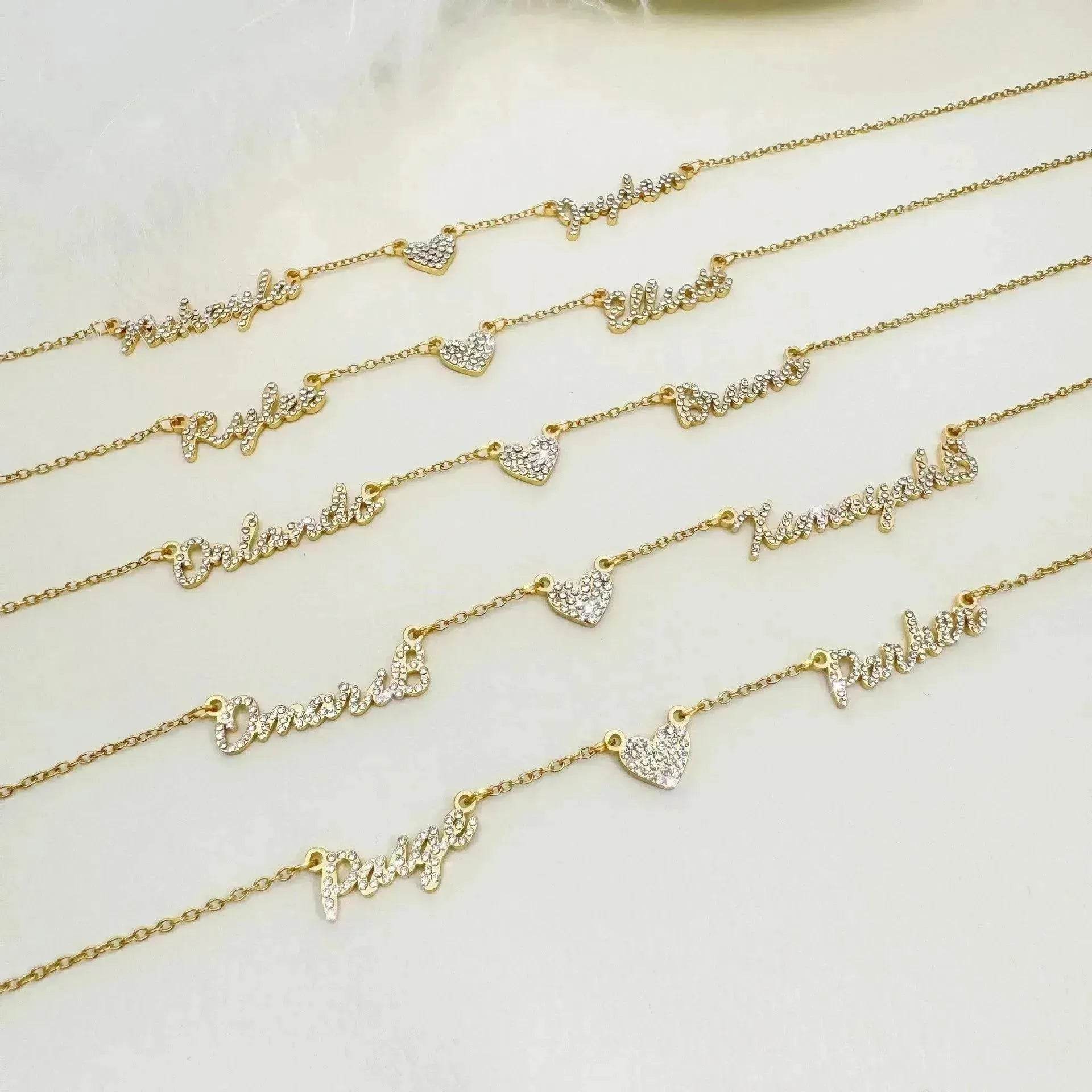Customized DIY Diamond Inlaid Multi Name Necklace Stainless Steel Chain Heart Charming Choker Customized Necklace Jewelry
