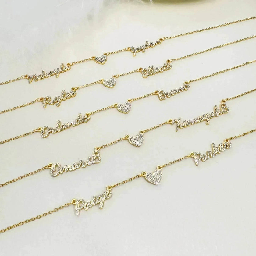 Customized DIY Diamond Inlaid Multi Name Necklace Stainless Steel Chain Heart Charming Choker Customized Necklace Jewelry