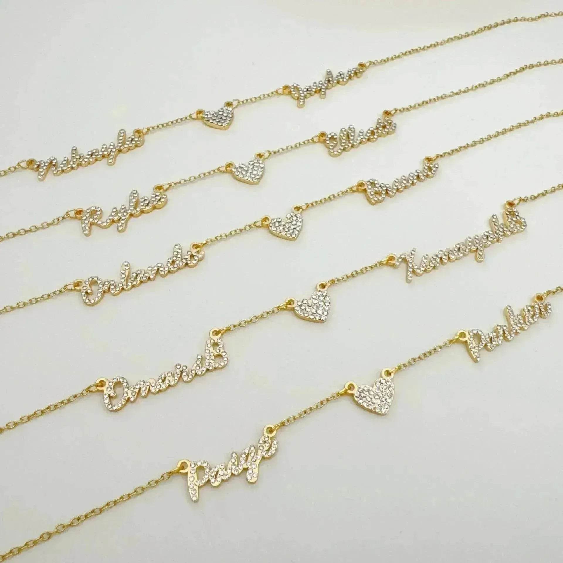Customized DIY Diamond Inlaid Multi Name Necklace Stainless Steel Chain Heart Charming Choker Customized Necklace Jewelry