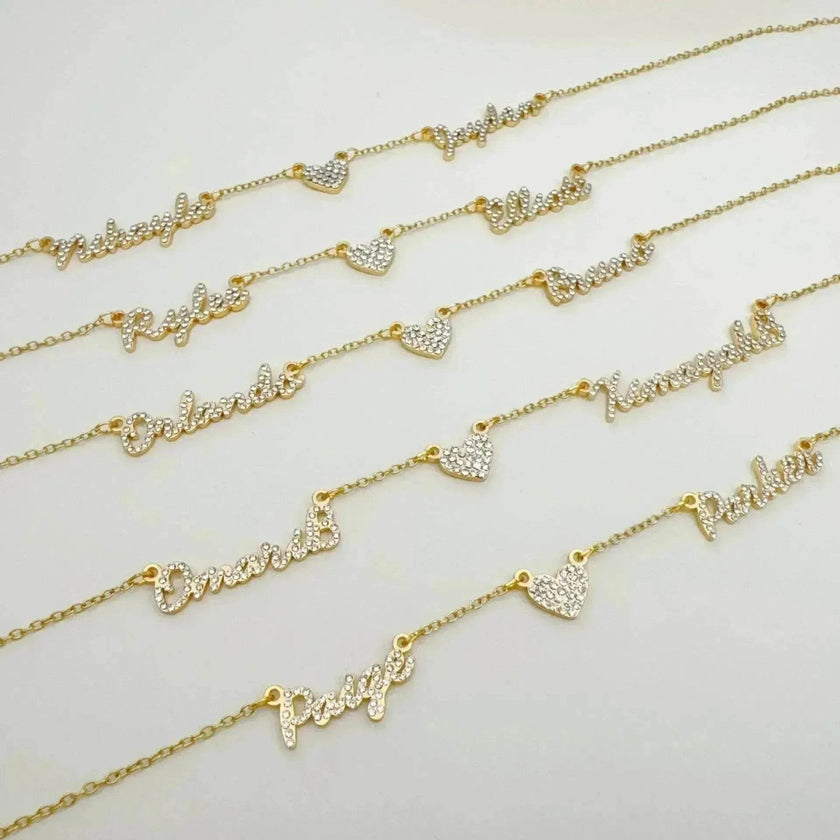 Customized DIY Diamond Inlaid Multi Name Necklace Stainless Steel Chain Heart Charming Choker Customized Necklace Jewelry