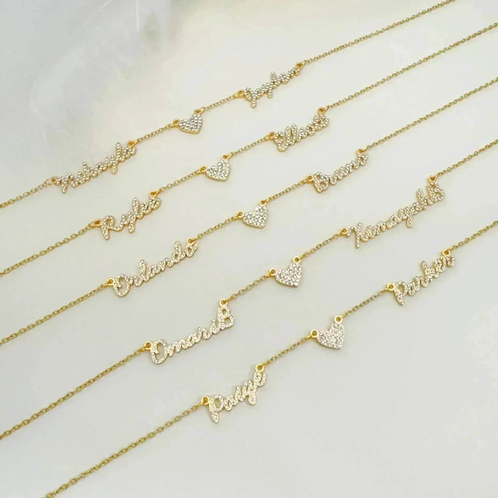 Customized DIY Diamond Inlaid Multi Name Necklace Stainless Steel Chain Heart Charming Choker Customized Necklace Jewelry