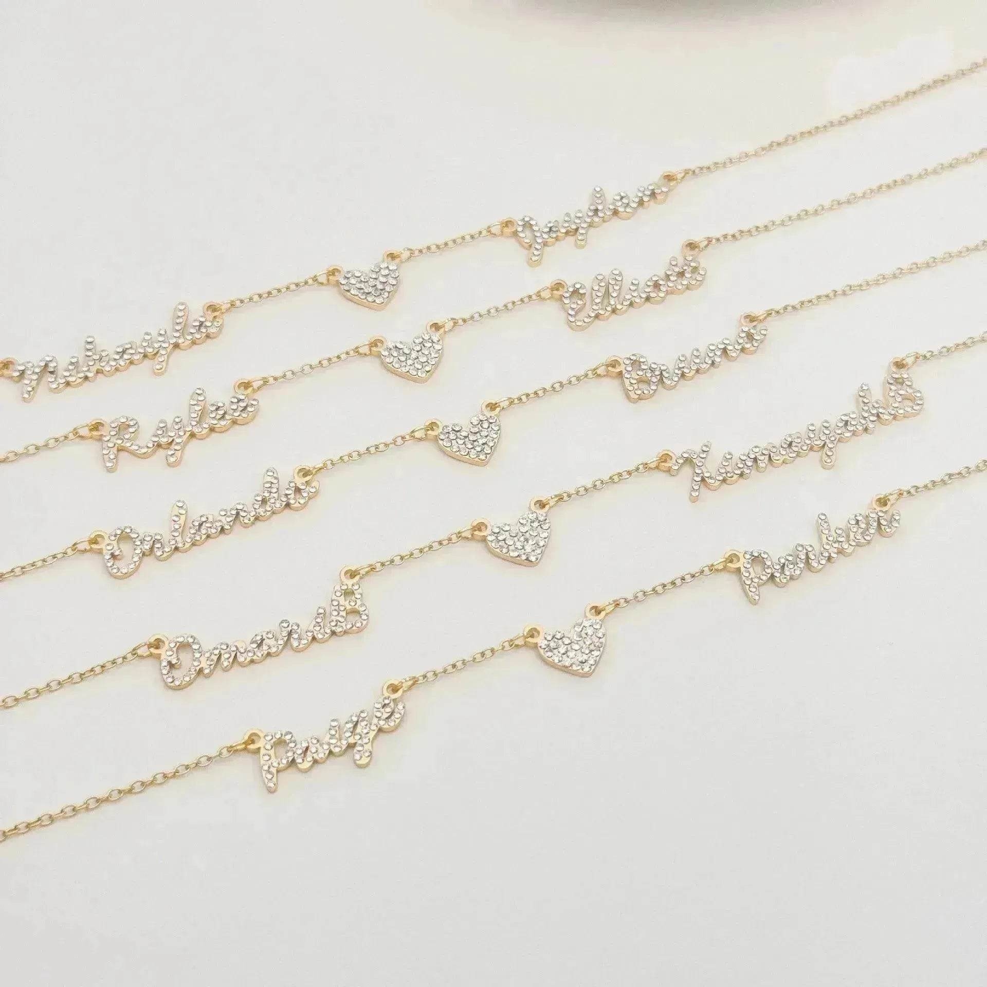 Customized DIY Diamond Inlaid Multi Name Necklace Stainless Steel Chain Heart Charming Choker Customized Necklace Jewelry