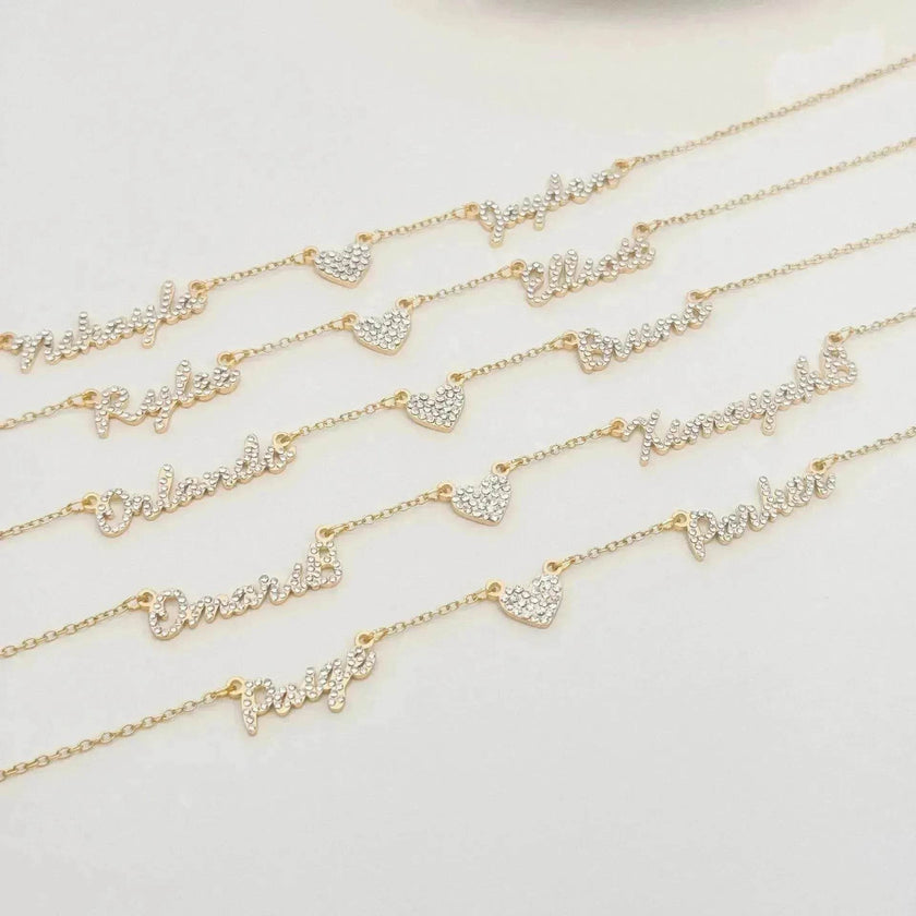 Customized DIY Diamond Inlaid Multi Name Necklace Stainless Steel Chain Heart Charming Choker Customized Necklace Jewelry