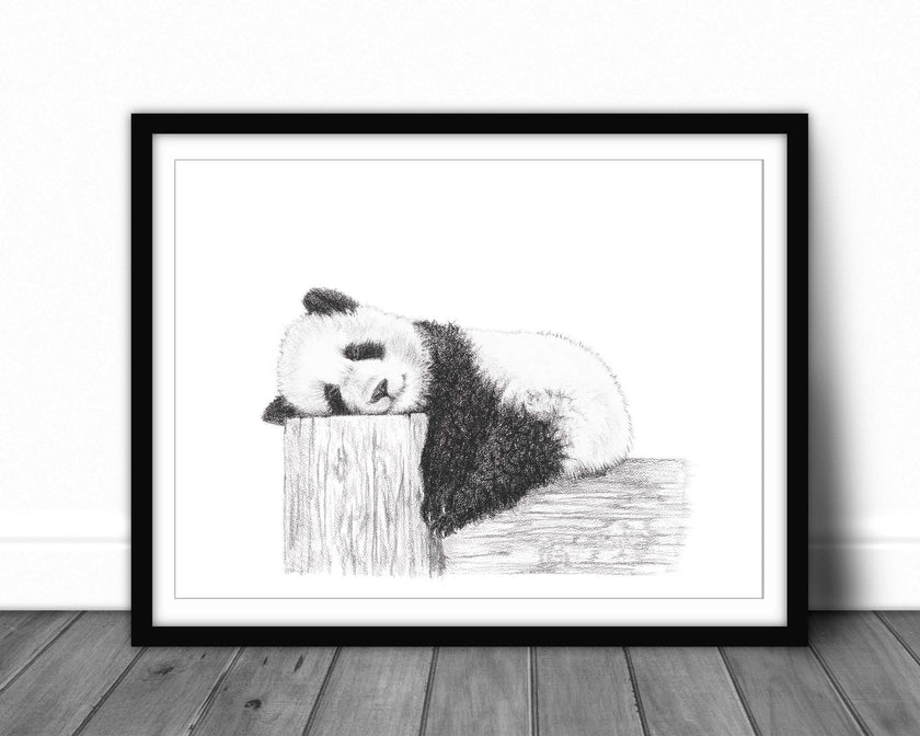 Cute sleeping Panda - Black and white art print