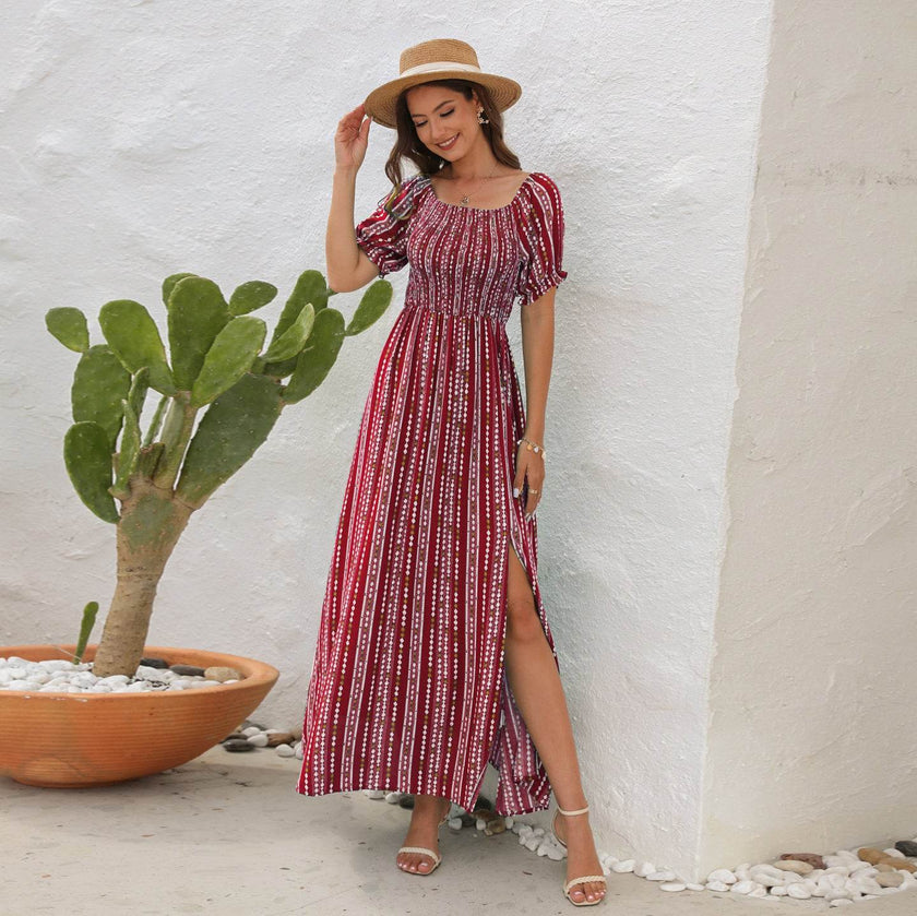 Elegant Off shoulder Spring Summer Maxi dress Slit Chiffon maxi dress for Beach vacation resort travel