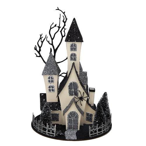 10x8.3x13.5 Cardboard Lighted Haunted House, Black Beige Tabletop Holiday Halloween Decor, Battery Powered