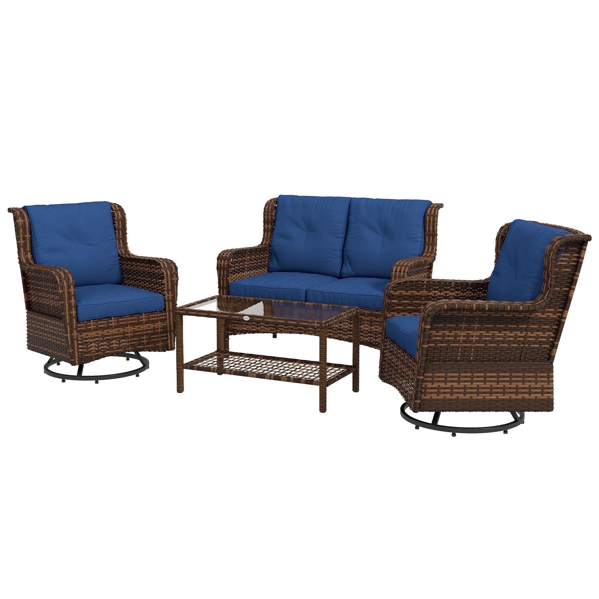 4 Piece Rattan Patio Furniture Set, Conversation Set with Swivel Glider Chairs Table Loveseat for Garden, Patio, Blue