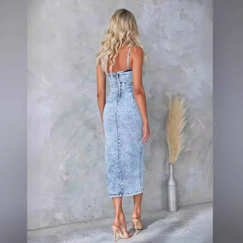 Women's Fashion Personalized Sleeveless Sling Denim Split Midi fitted Dress