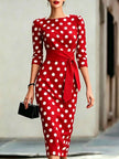 Retro Polka-Dot Belted Bodycon Dress – Elegant Knit Midi Dress for Women Canada