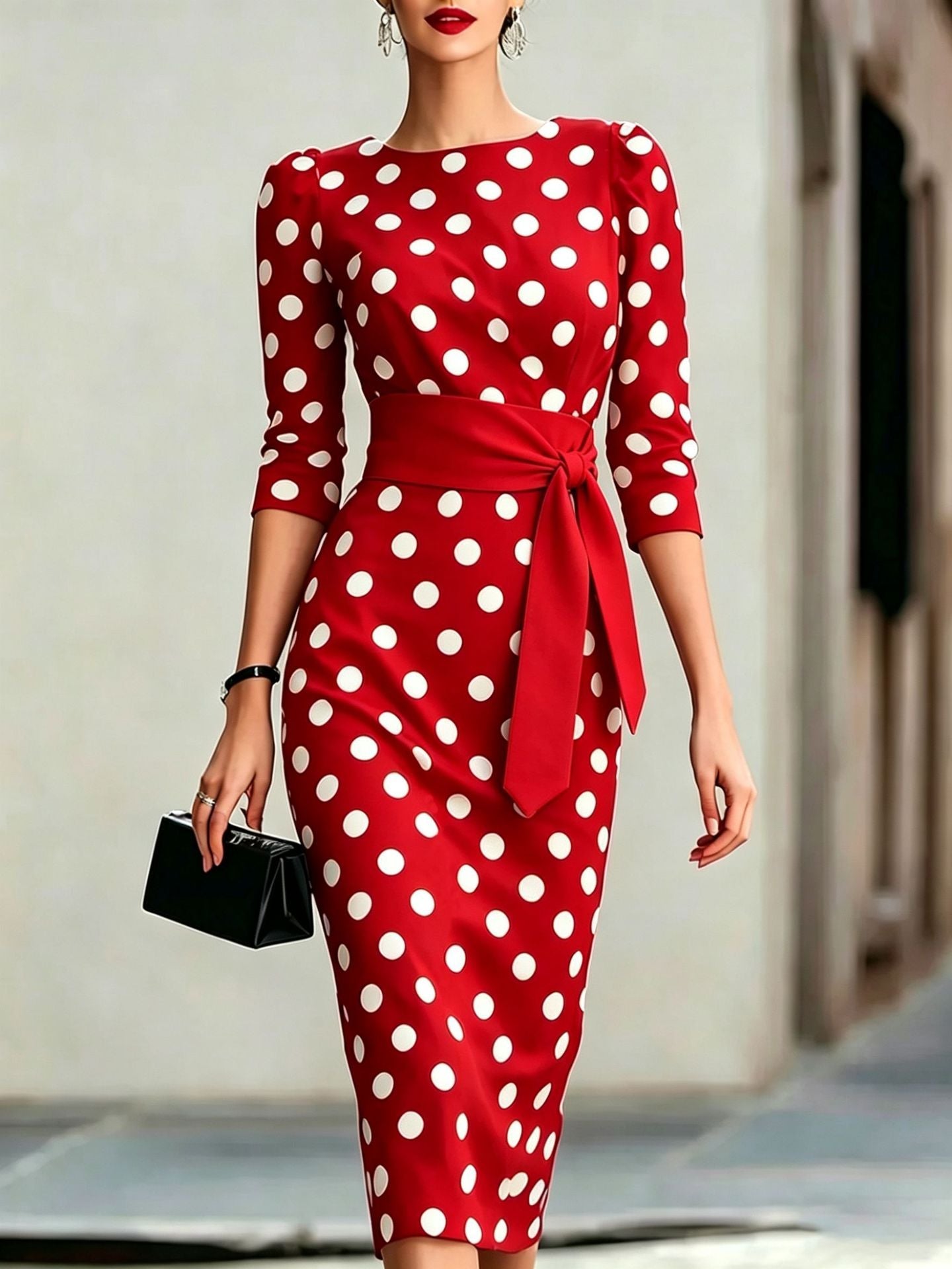 Retro Polka-Dot Belted Bodycon Dress – Elegant Knit Midi Dress for Women Canada