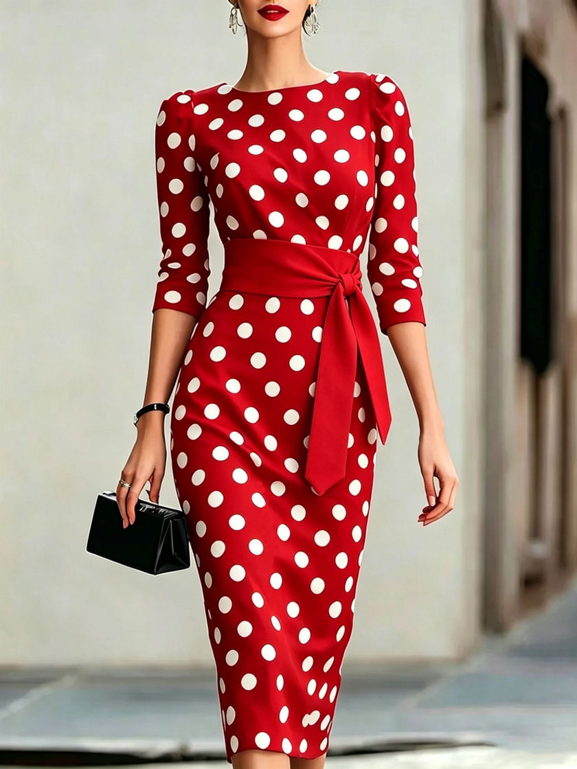 Retro Polka-Dot Belted Bodycon Dress – Elegant Knit Midi Dress for Women Canada