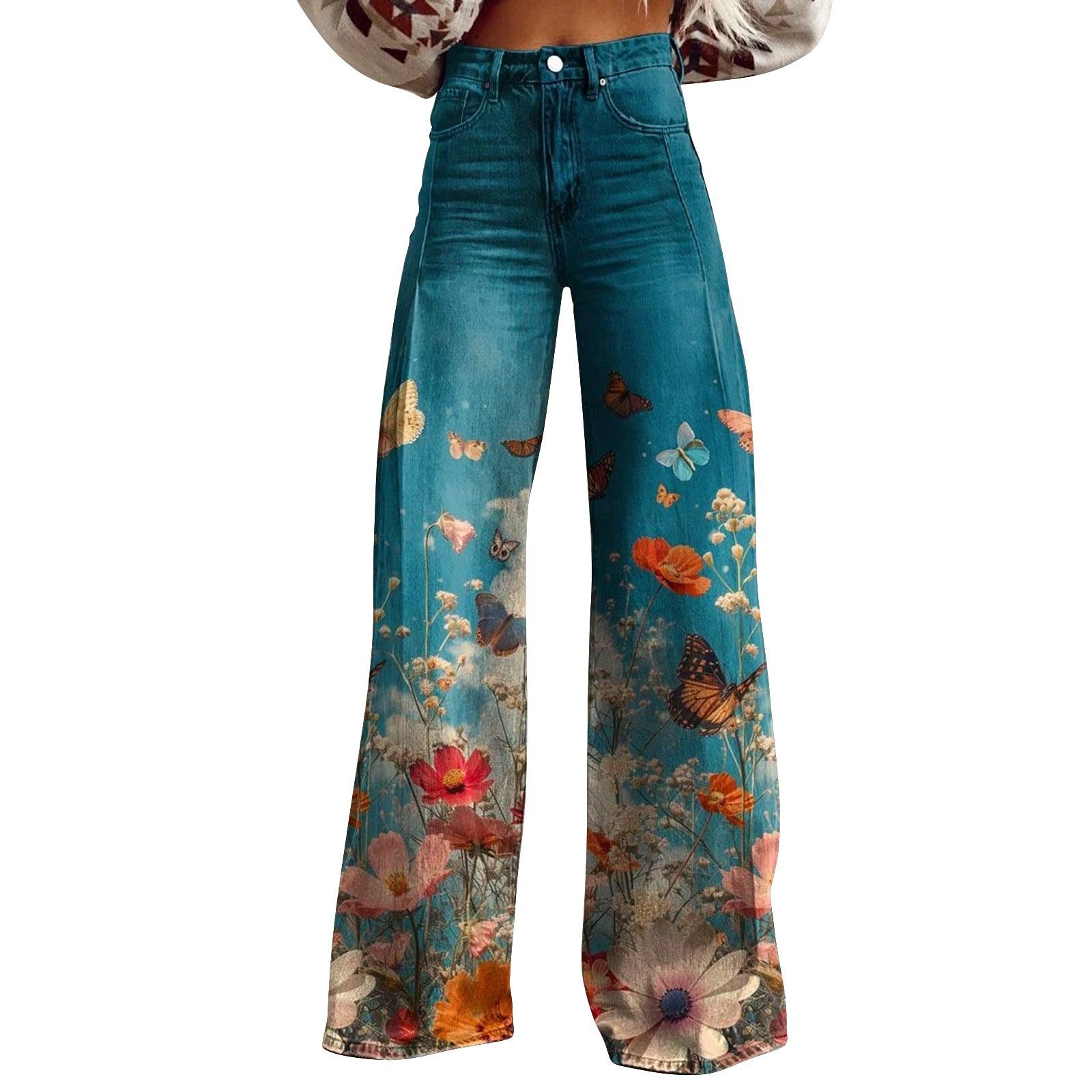 Women's 3D Printed Flared Denim Jeans – Graphic Print Wide Leg Jeans