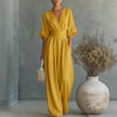 Women's Wide-Leg Jumpsuit High Waist Pleated Three-Quarter Sleeve Elegant Workwear