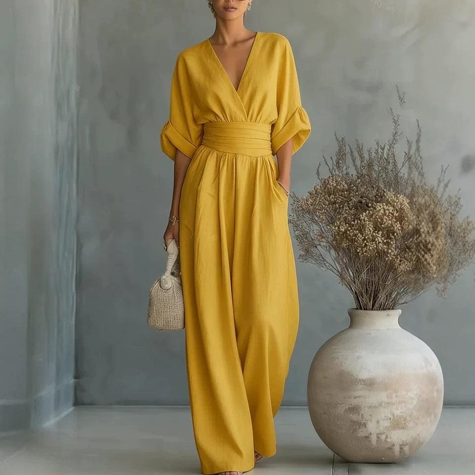 Women's Wide-Leg Jumpsuit High Waist Pleated Three-Quarter Sleeve Elegant Workwear