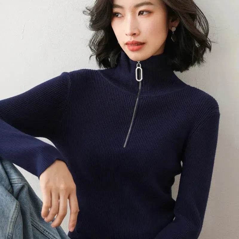 Women Autumn Winter Slim Fit High neck Half zip Knitted sweater Top